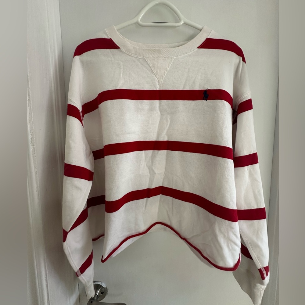 Polo Ralph Lauren USA Big Logo Striped Cropped Tops Sweatshirt Size L Woman’s